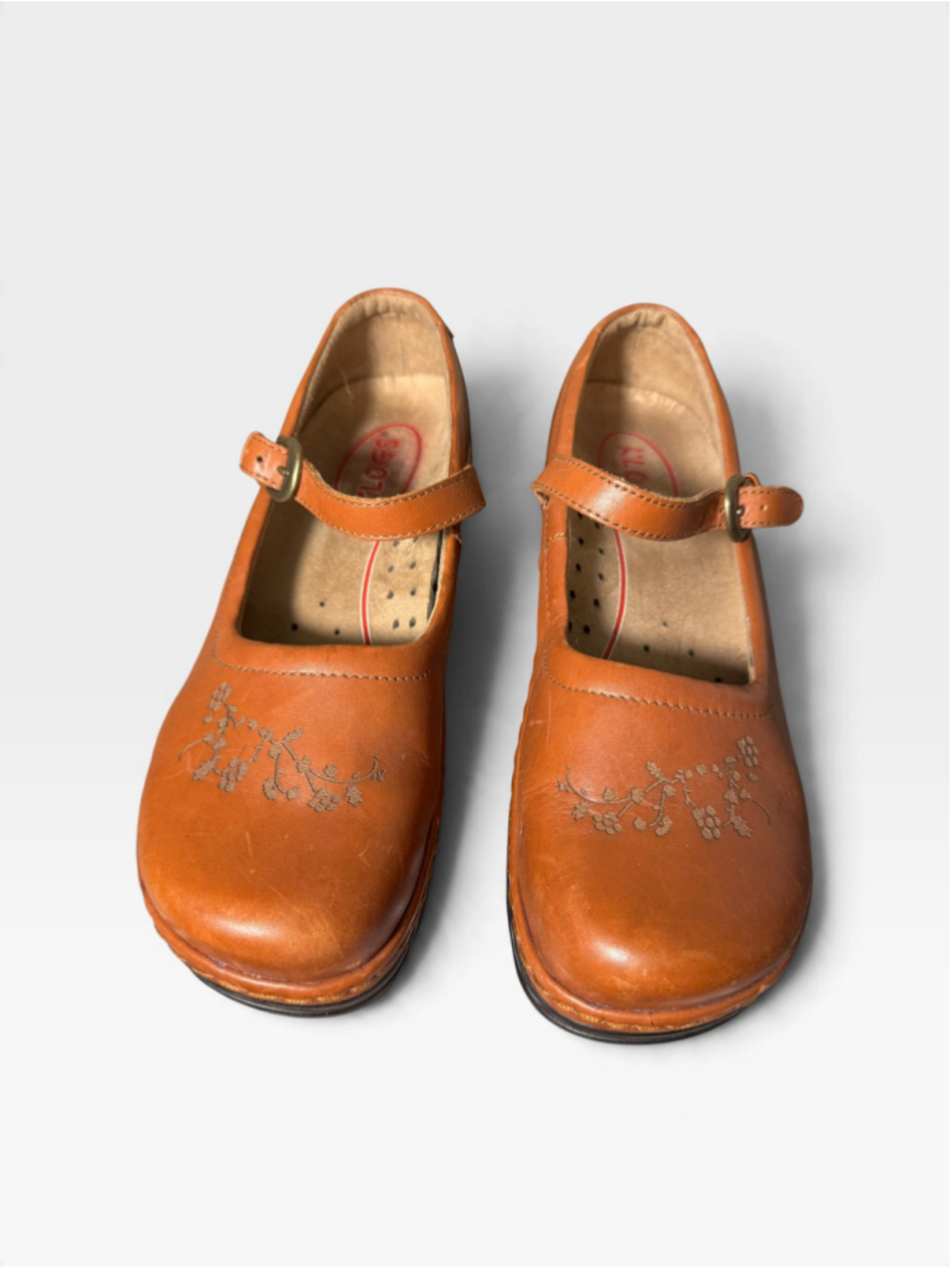 Size 9.5 Klogs Brown Tan Leather Mary Jane Clogs with Embroidered Floral Detail